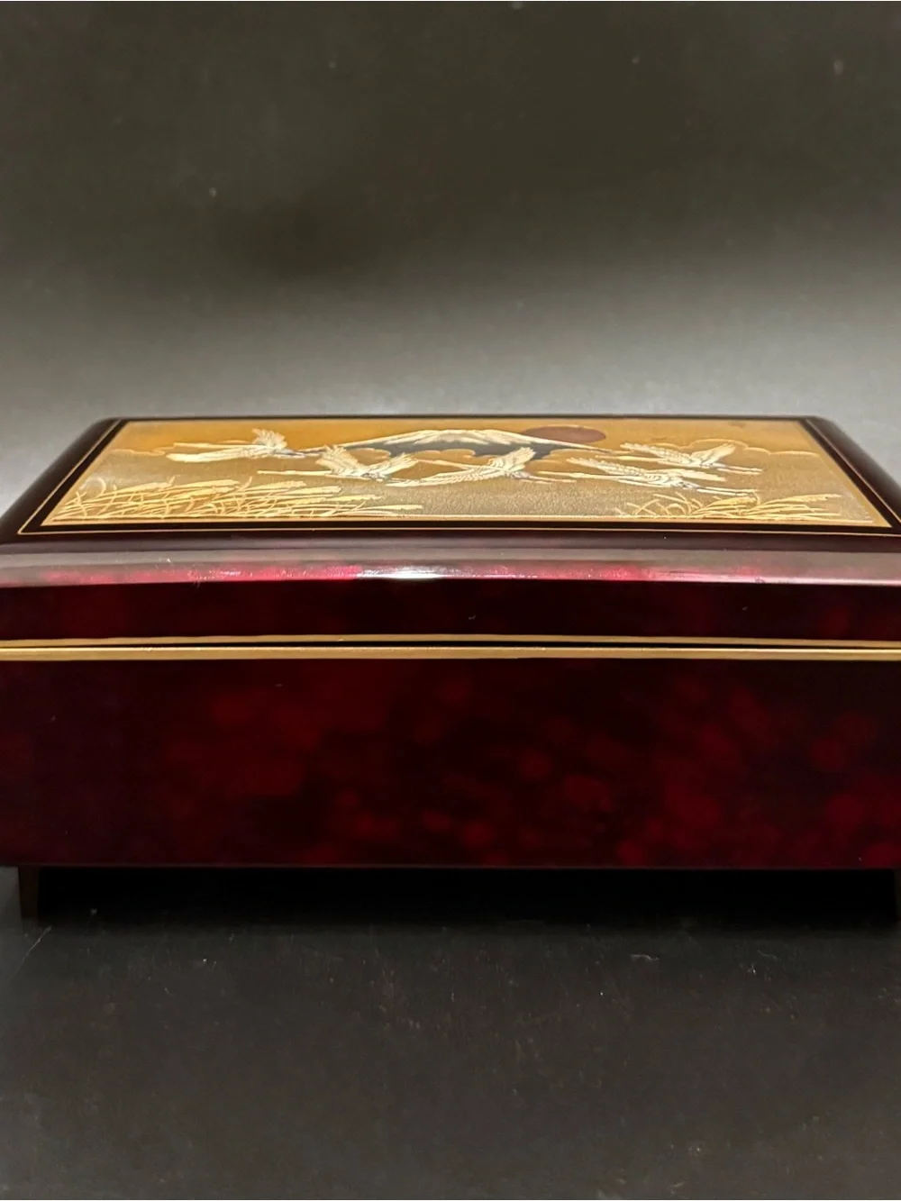 Vintage Japanese Lacquer Chokin Landscape Mt Fuji Flying Cranes Music Box Sakura
